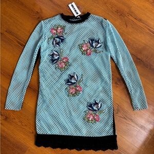 House of Holland Blue Mesh Dress with Floral Patches - Blue and Black